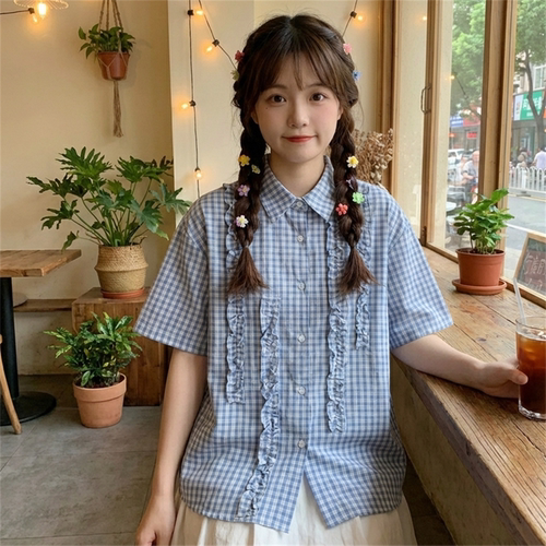 日系软妹蓝白格纹短袖衬衫上衣女