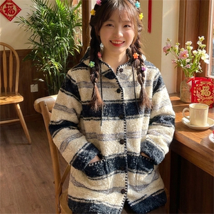 日系软妹学院风条纹羊羔毛外套女冬夹棉加厚中长款连帽宽松棉衣潮