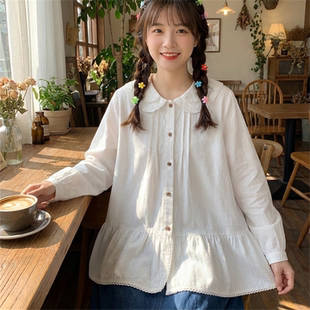 森女上衣 宽松法式 日系软妹甜美双层娃娃领荷叶边拼接长袖 纯棉衬衫
