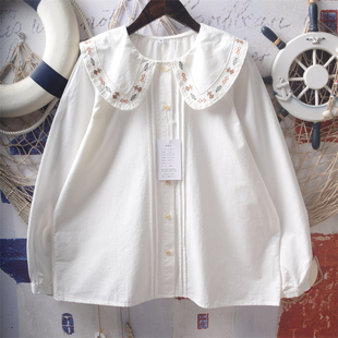 日系软妹森系复古风琴褶刺绣花朵娃娃领宽松纯棉长袖 上衣女 白衬衫