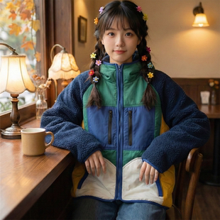 日系软妹原宿风童趣拼接撞色宽松工装 羊羔毛棉衣外套少女 连帽薄款