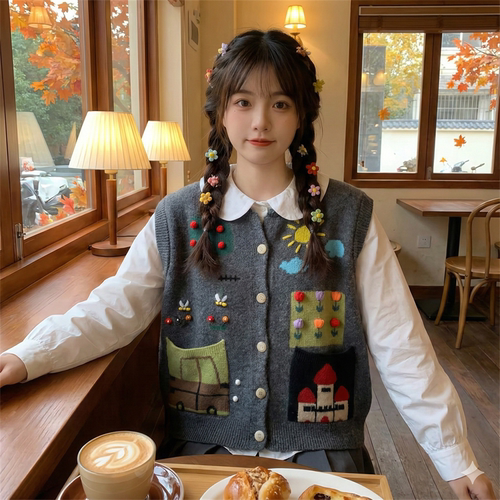 童趣立体提花针织马甲马夹外穿女