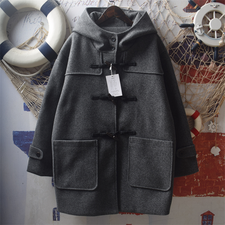 宽松夹棉连帽毛呢大衣小个子外套