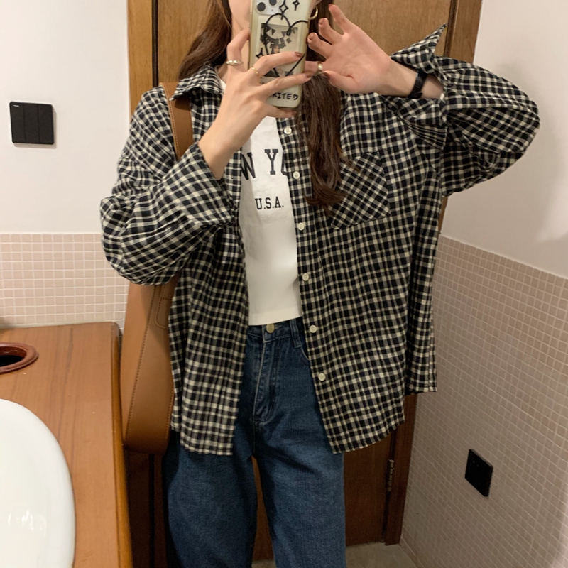 New Korean Vintage loose plaid shirt in autumn 2020