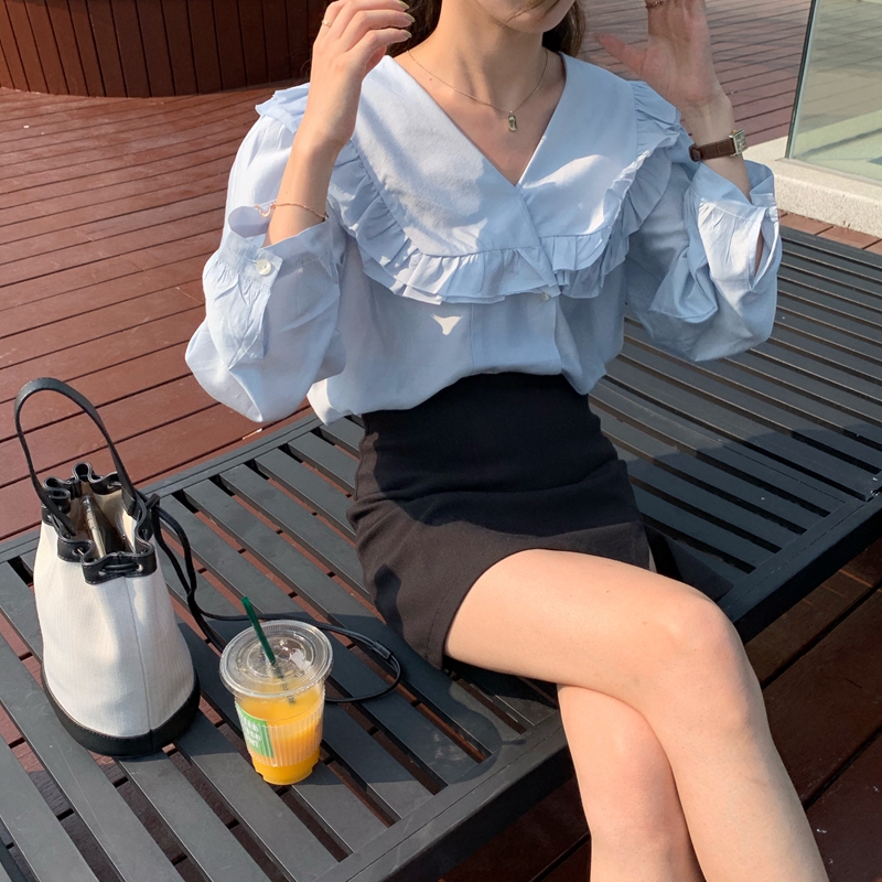 天絲木耳邊翻領襯衣設計感雙排扣春季長袖襯衫上衣女