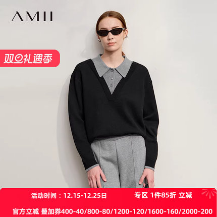 Amii2025冬新款学院风宽松弹力羊毛纱V领翻领假两件套头落肩毛衣