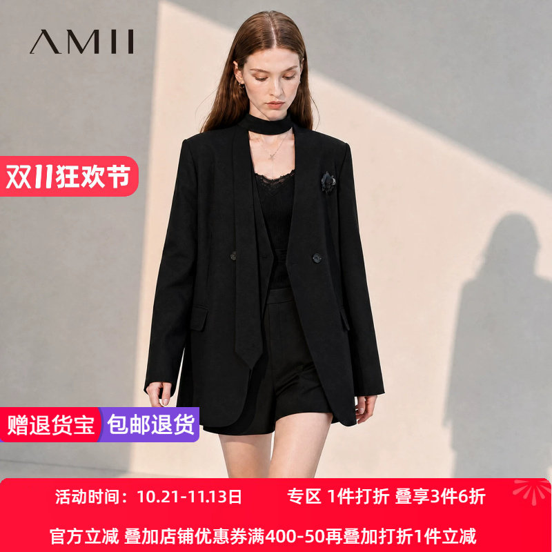 Amii【韩版气质】26秋韩版胸花气质正肩显瘦中长西装外套配送飘带