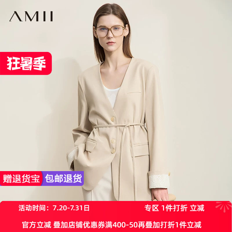 AMII【极简风】25秋款中西结合知性通勤V领中长款西装外套女