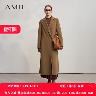 Amii2026冬新款 无弹翻领侧高开衩全羊毛双面呢外套女 极简宽松长款