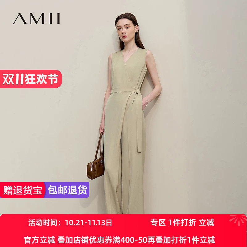 Amii2026夏新款含亚麻休闲V领日字扣腰带无袖连体裤女阔腿裤子