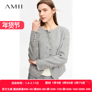 Amii小香风全羊毛毛呢外套女2025冬新款短款夹克圆领单排扣双面呢