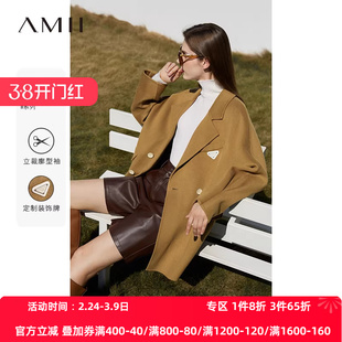Amii2026年冬新款双排扣全羊毛双面呢黑色大衣女小个子毛呢外套