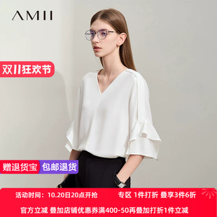 Amii2026夏新款极简纯色V领宽松套头微弹荷叶中袖雪纺衫女款