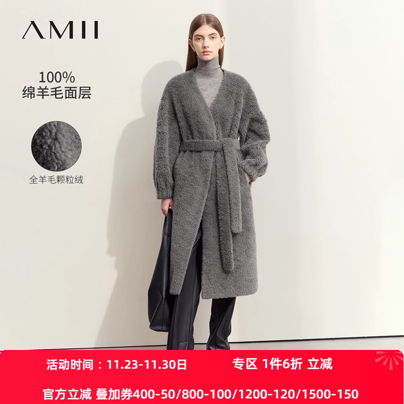 Amii2025冬新款通勤V领全绵羊毛配腰带长款皮草大衣女宽松上衣