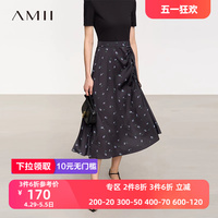 Amii2024夏新款极简撞料拼接假两件修身短袖抽褶缎面印花连衣裙女