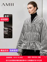 Amii2026冬新款复古通勤风V领橡筋抽褶抽绳丝绒棉衣女弯刀袖上衣 thumbnail 3