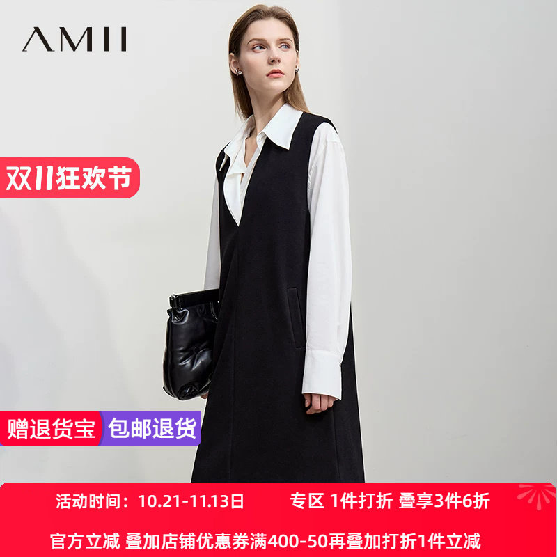 Amii【含绵羊毛】2026秋冬极简风无袖毛呢直筒背心中长裙连衣裙