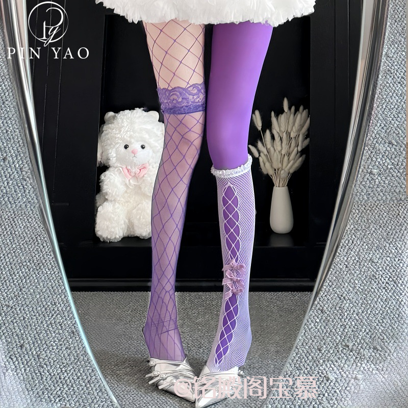 渔网天鹅绒拼接连裤袜AB阴阳黑白