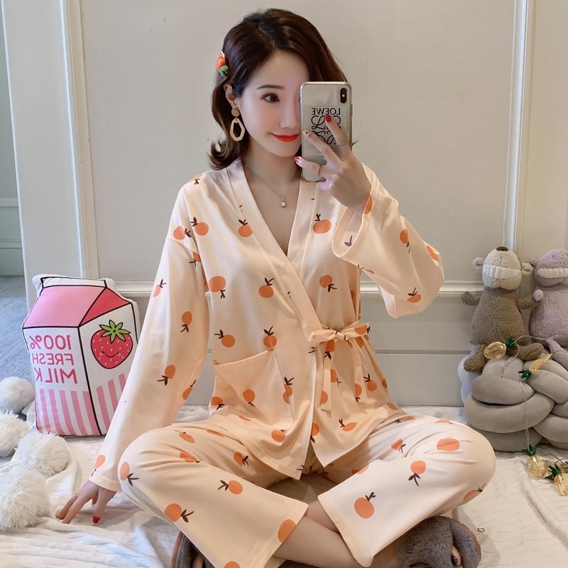 睡衣女春秋季长袖和服甜美可爱柚子套装韩版日系秋冬天外穿家居服