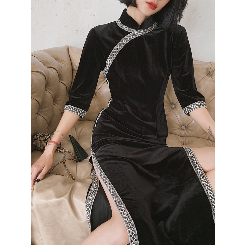 热销102件有赠品爱裳霓旗袍改良版连衣裙年轻款秋中国风复古长款优雅黑色旗袍新式