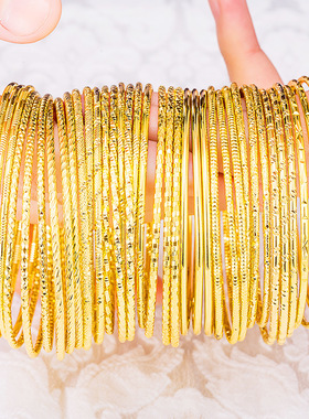 越南沙金古法手鐲女久不掉色波西米亚素圈手饰品黄铜仿真镯子手环