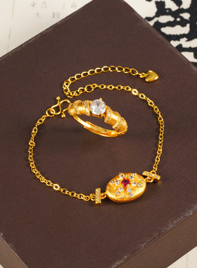 轻奢越南沙金戒指女奢华仿金久不掉色拉丝雪花牛角包手链套装饰品