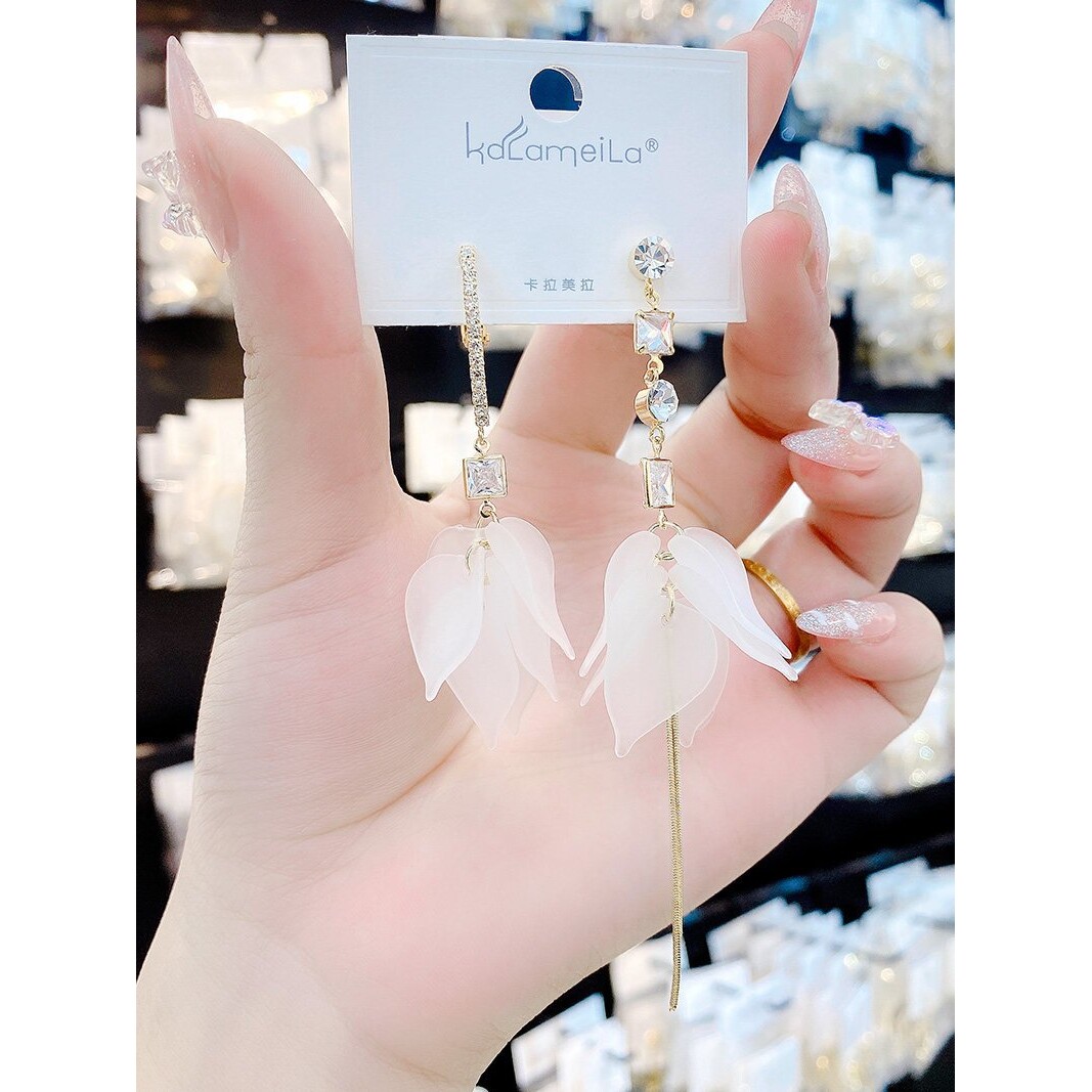 不对称花瓣流苏耳环女超仙气质长款镶钻AB款花朵耳坠韩国网红耳饰