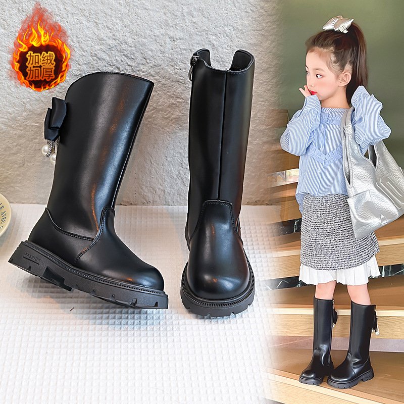 秋冬新款女童长筒靴子加绒加厚小女孩冬季保暖长靴高筒加绒皮靴