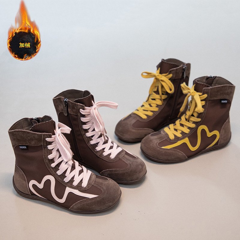 儿童高帮复古棉靴2025年秋冬季款阿甘德训鞋拼色厚底内增高马丁靴