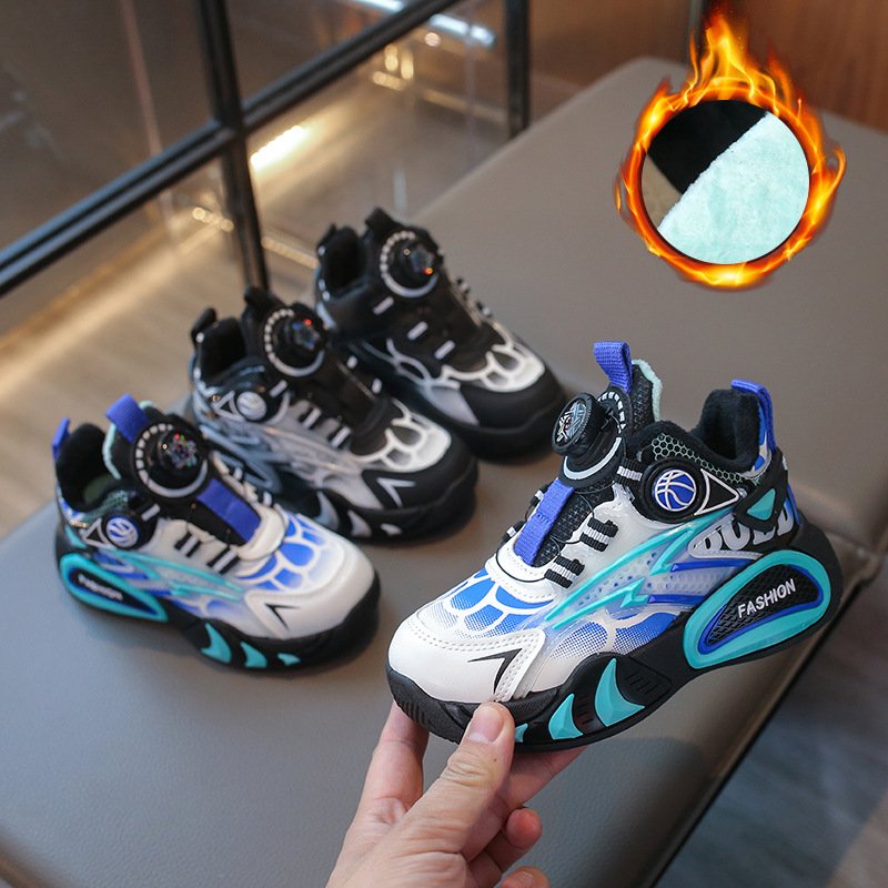 男童加绒加厚帅气运动鞋2025年冬季新款中大童旋转纽扣休闲鞋