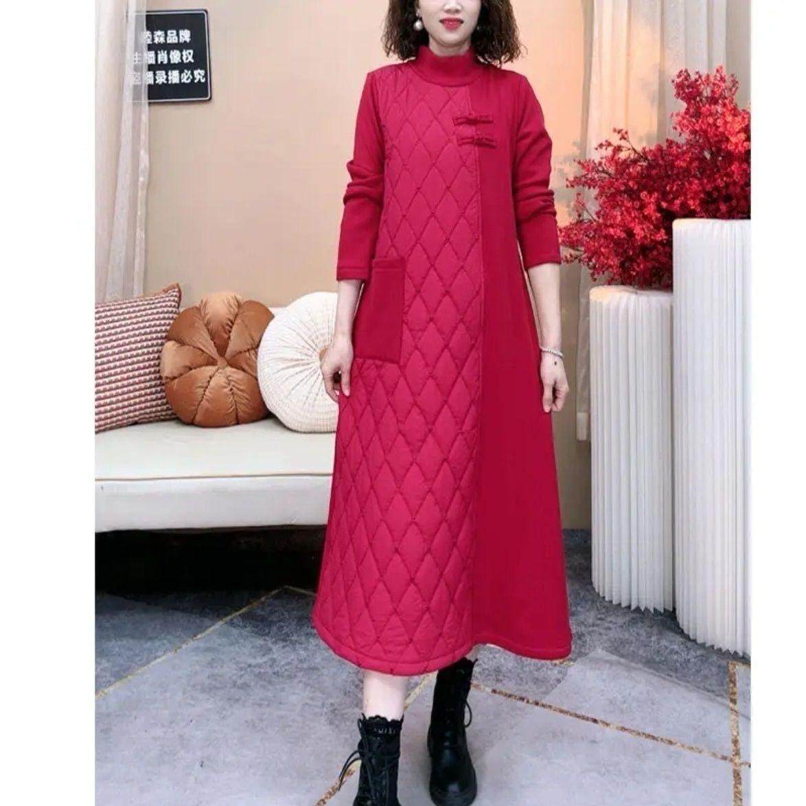 连衣裙秋冬女2024新款加绒加厚长款妈妈装半高领拼接气质夹棉裙子