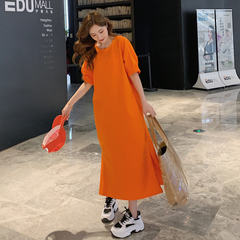 Actual photo of South Korea 2020 summer women's new medium and long large loose T-shirt dress fat mm student skirt