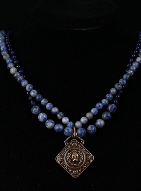 复古中古蓝色玛瑙珠珠青金石双色叠戴霸气狮子头吊坠项链配饰