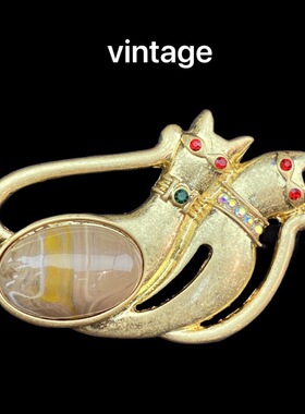 【孤品清仓特价】vintage真金电镀天然石复古时尚款情侣猫胸针