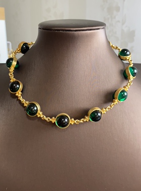 【孤品欧美宫廷vintage复古气质百搭绿色圆形琉璃镀金短款项链女