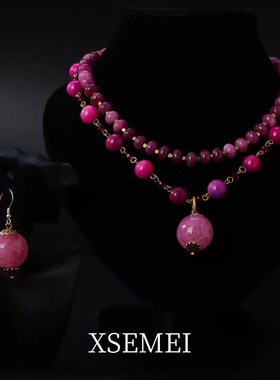 中古vintage宫廷风桃花粉天然石珠珠项链耳饰套装