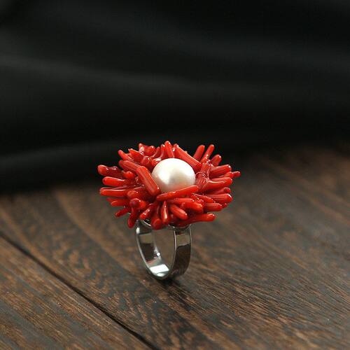 花朵925珍珠红色银配饰珊瑚女