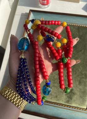 新中式国风斜跨链老琉璃血巴红鸡油黄绿蛙长款毛衣链原jia一千多