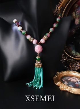 中古老料子粉蛙琉璃水晶珠珠流苏项链耳饰套装