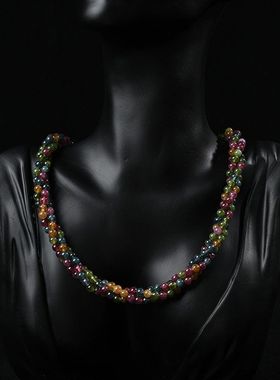 手链玉石项链翠玉天然玫红色玉套装麻花锁骨项链翠绿色彩色巴山链