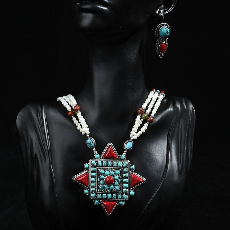 珍珠藏银耳钩民族风纯银松石淡水复古蓝项链耳饰天然纯手工套装