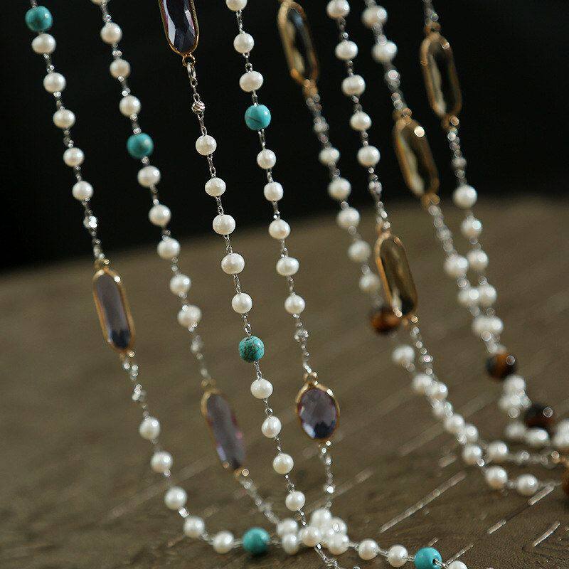 淡水珍珠合成松石虎眼石中长款项链毛衣链