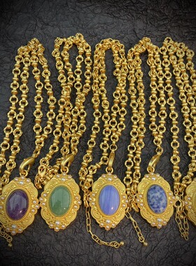【清仓特价】中古vintage复古宫廷风玉石镶嵌素金吊坠项链毛衣链