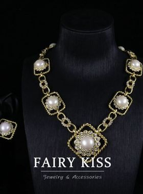 简约几何形精致个性方糖项链套装电镀真金玻璃珍珠镶嵌高级感耳拍