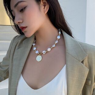 女lost礼物in吊坠echo头像女王 小众轻奢颈链珍珠项链 巴洛克金币