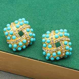 蓝色复古小众时尚中古风耳钉蓝金配色耳环女高级合成蓝松珠珠耳饰