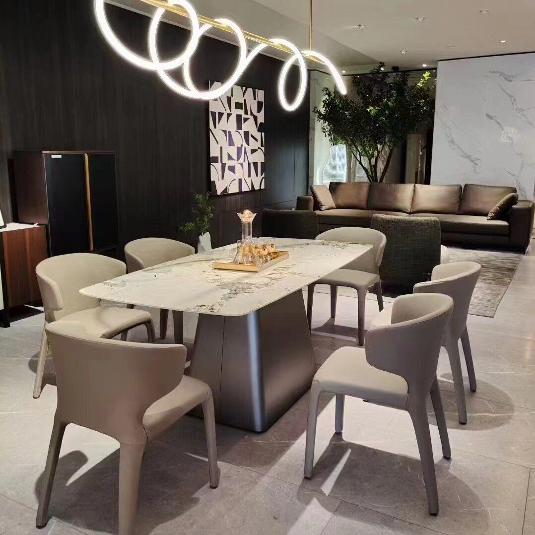 意式轻奢岩板餐桌现代简约家用不锈钢餐桌亮光别墅长方形奢石餐桌