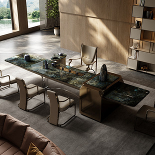 天然新款奢石茶桌简约大户型家用客厅高端设计师款不锈钢别墅茶台