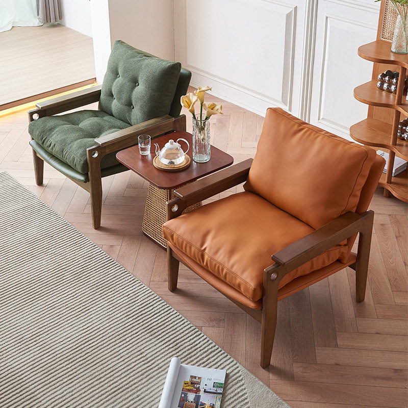 远山北欧实木休闲单人沙发椅复古家用阳台简约设计师靠背真皮椅子