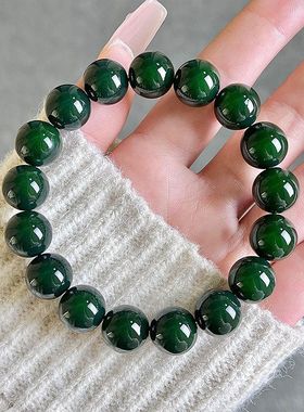 正品天然新疆和田玉碧玉手串12mm16颗圆珠手链带黑点碧玉手串男女